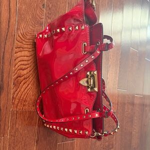 Valentino Garavani Glossy Red Shoulder Bag with Gold Studs